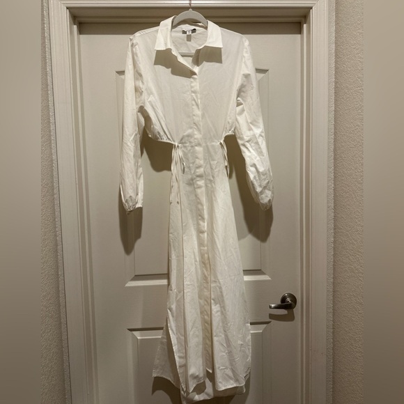 Topshop Ruched Cutout Long Sleeve Cotton Poplin Midi Shirtdress In White - Picture 6 of 10